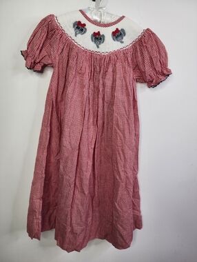 HANDMADE Red Gingham Elephant Smocked Bishop Dress, 5T